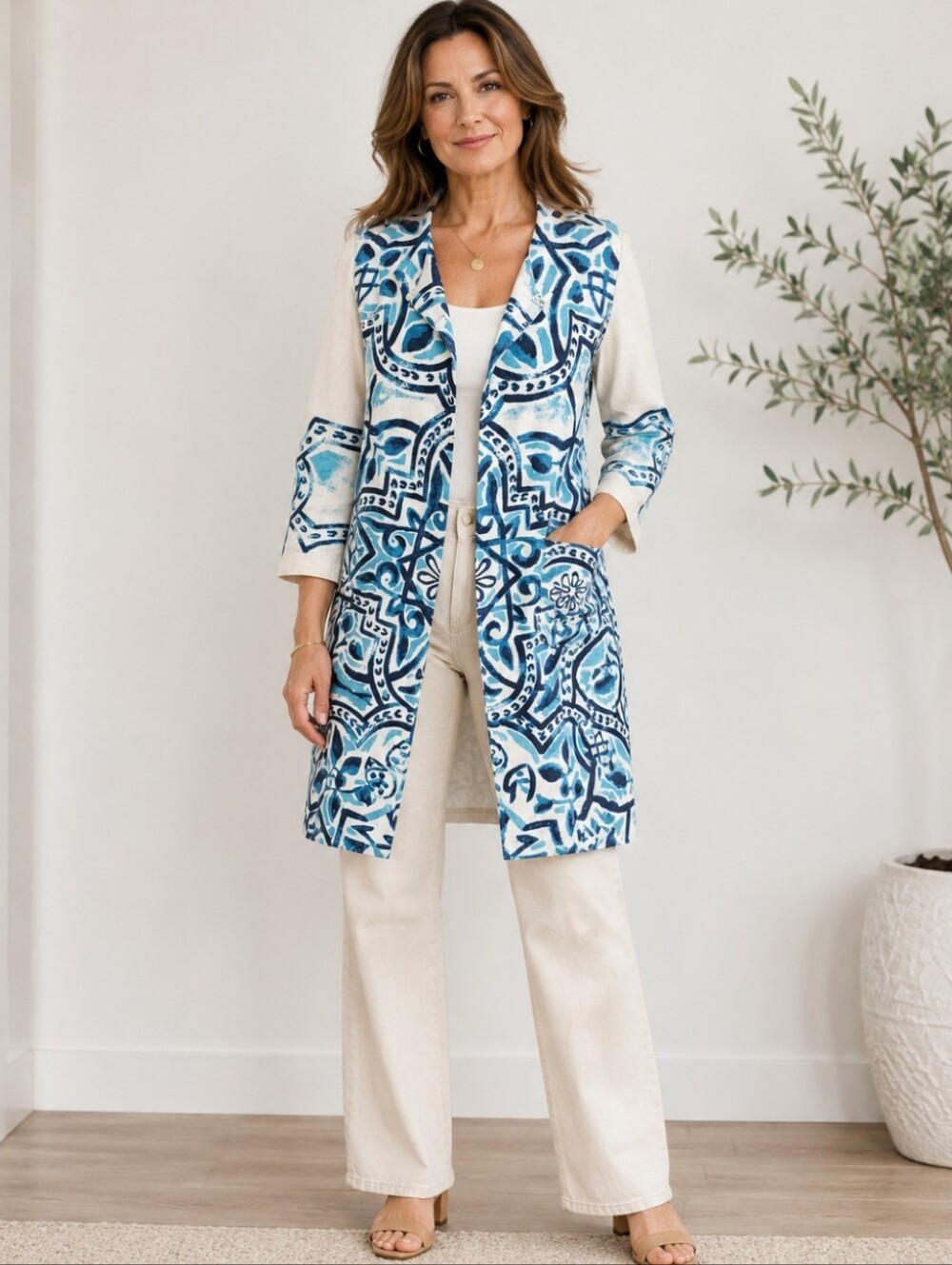 Artisan Print 100% Linen Open Front Duster Jacket Blue Beige Size 0 Small
